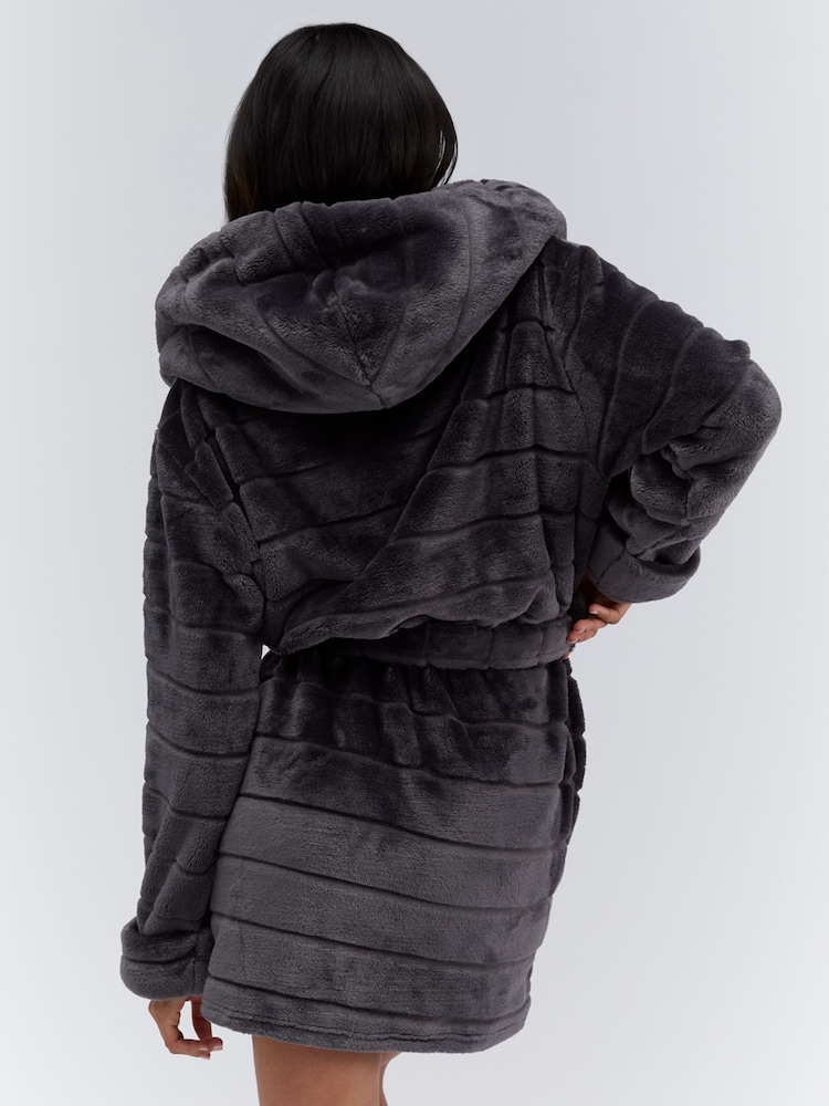 Boux Avenue Grey Fluffy Stripe Short Dressing Gown - Image 2 of 6 Boux Avenue Grey Fluffy Stripe Short Dressing Gown - Image 2 of 6