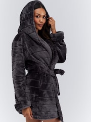 Boux Avenue Grey Fluffy Stripe Short Dressing Gown - Image 4 of 6