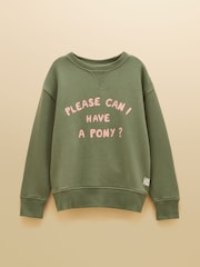 Joules Kids' Sundaze Khaki Green Slogan Crew Neck Sweatshirt - Image 1 of 4