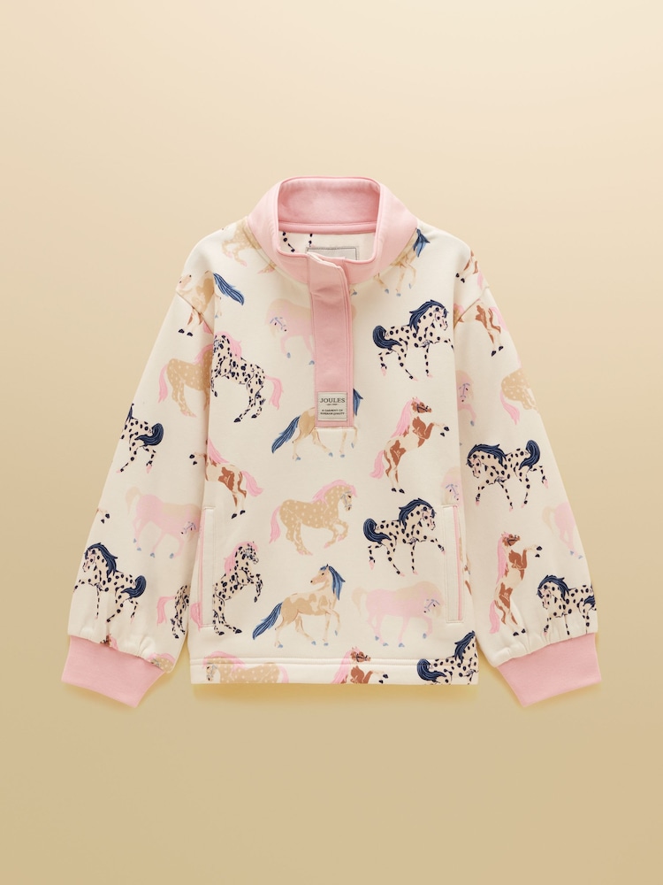 Joules Girls' Burnham Cream Horse Print Funnel Neck Sweatshirt - Image 1 of 6 Joules Girls' Burnham Cream Horse Print Funnel Neck Sweatshirt - Image 1 of 6