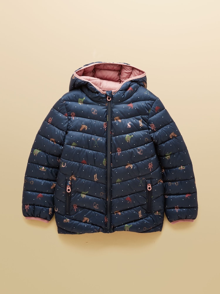 Joules Kids' Cairn Navy Horse Showerproof Padded Coat with Hood - Image 1 of 5 Joules Kids' Cairn Navy Horse Showerproof Padded Coat with Hood - Image 1 of 5