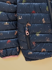 Joules Kids' Cairn Navy Horse Showerproof Padded Coat with Hood - Image 3 of 5
