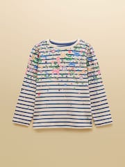 Joules Girls' Ava Cream & Blue Striped Long Sleeve Printed Cotton Top - Image 1 of 5
