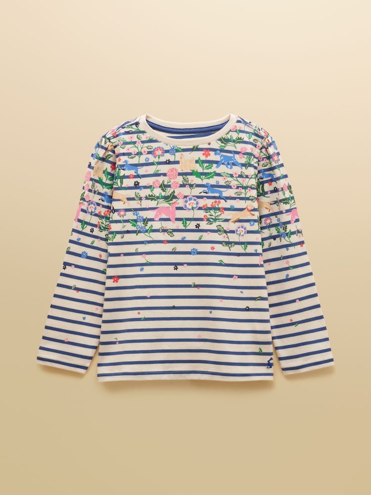 Joules Girls' Ava Cream & Blue Striped Long Sleeve Printed Cotton Top - Image 1 of 5 Joules Girls' Ava Cream & Blue Striped Long Sleeve Printed Cotton Top - Image 1 of 5