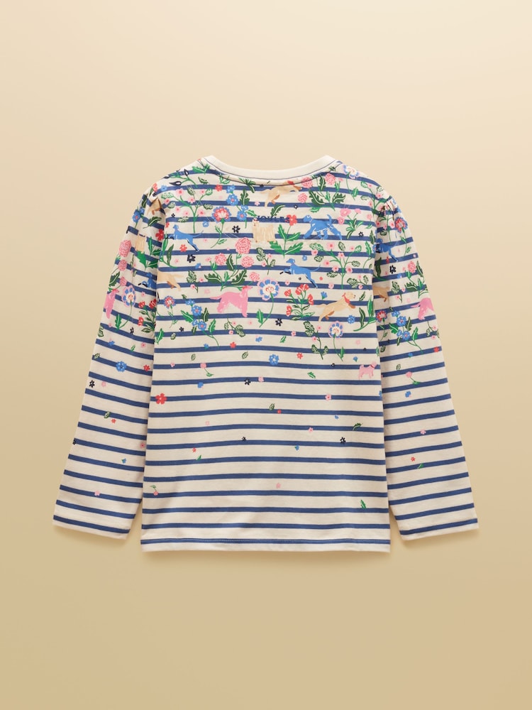 Joules Girls' Ava Cream & Blue Striped Long Sleeve Printed Cotton Top - Image 2 of 5 Joules Girls' Ava Cream & Blue Striped Long Sleeve Printed Cotton Top - Image 2 of 5