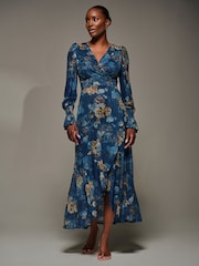 Jolie Moi Blue Long Sleeve Frill Hem Mesh Maxi Dress - Image 1 of 6