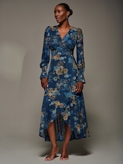 Jolie Moi Blue Long Sleeve Frill Hem Mesh Maxi Dress - Image 4 of 6