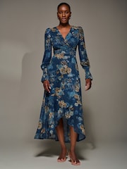 Jolie Moi Blue Long Sleeve Frill Hem Mesh Maxi Dress - Image 6 of 6