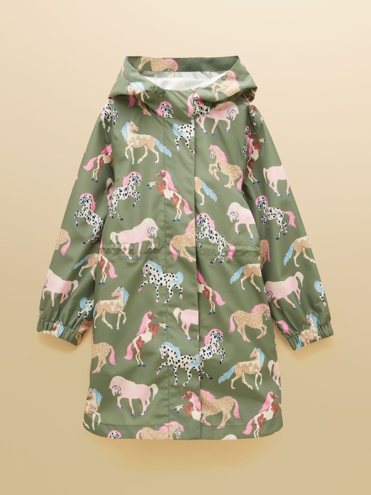Joules Girls' Rainford Khaki Horse Waterproof Packable Raincoat With Hood - Image 1 of 5