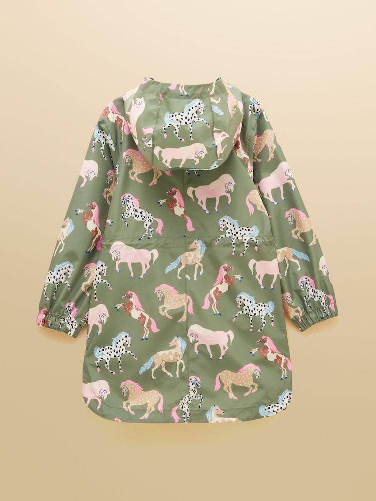 Joules Girls' Rainford Khaki Horse Waterproof Packable Raincoat With Hood - Image 2 of 5