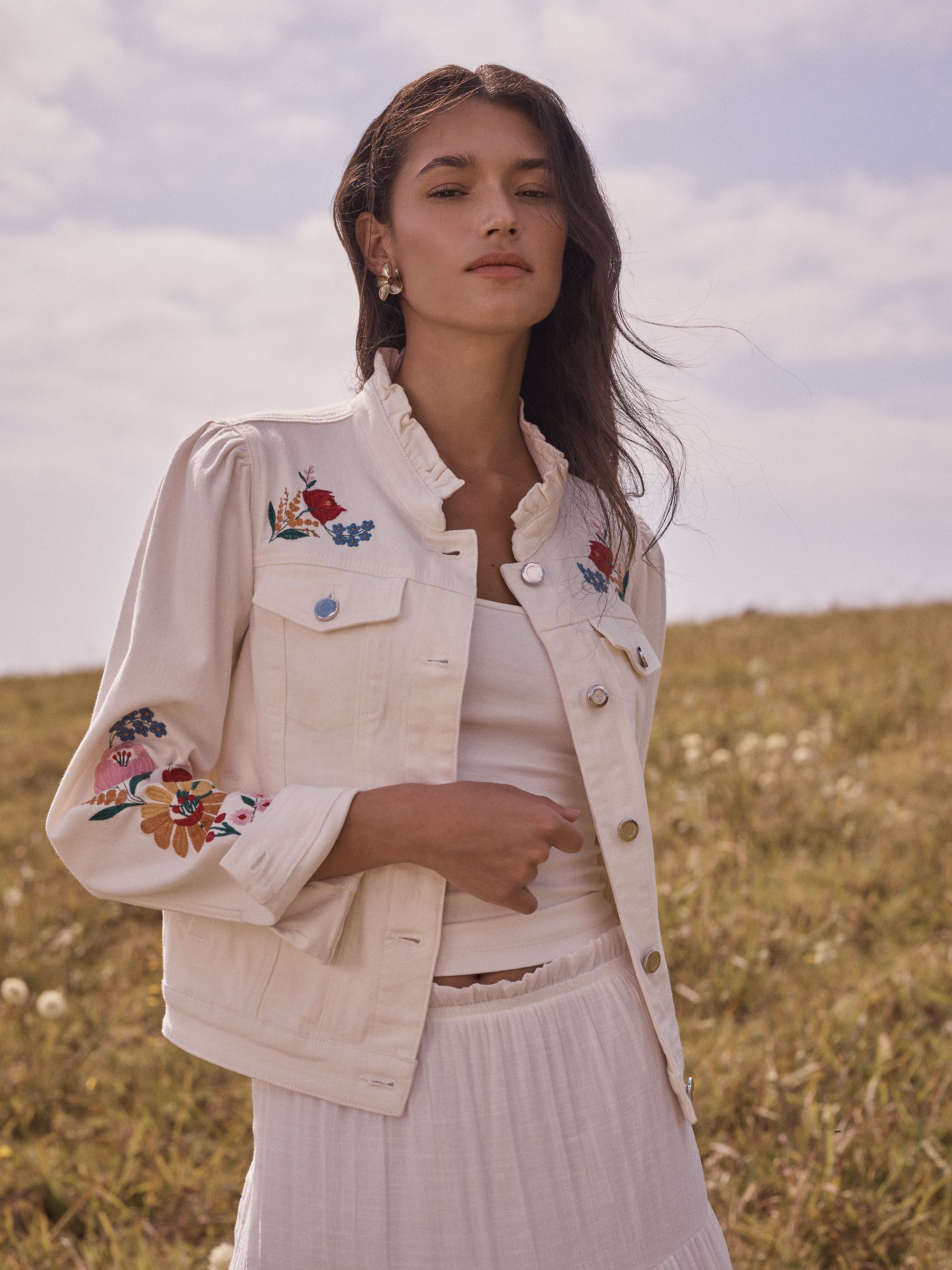 Love & Roses x RHS ecru embroidered floral Denim Jacket