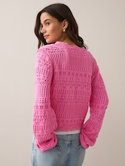 Fluro Pink Long Wide Sleeve Pointelle Button Through Cotton Cardigan - Image 4 of 8