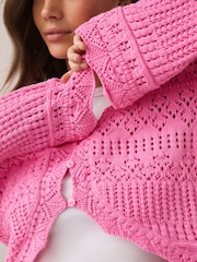 Fluro Pink Long Wide Sleeve Pointelle Button Through Cotton Cardigan - Image 5 of 8