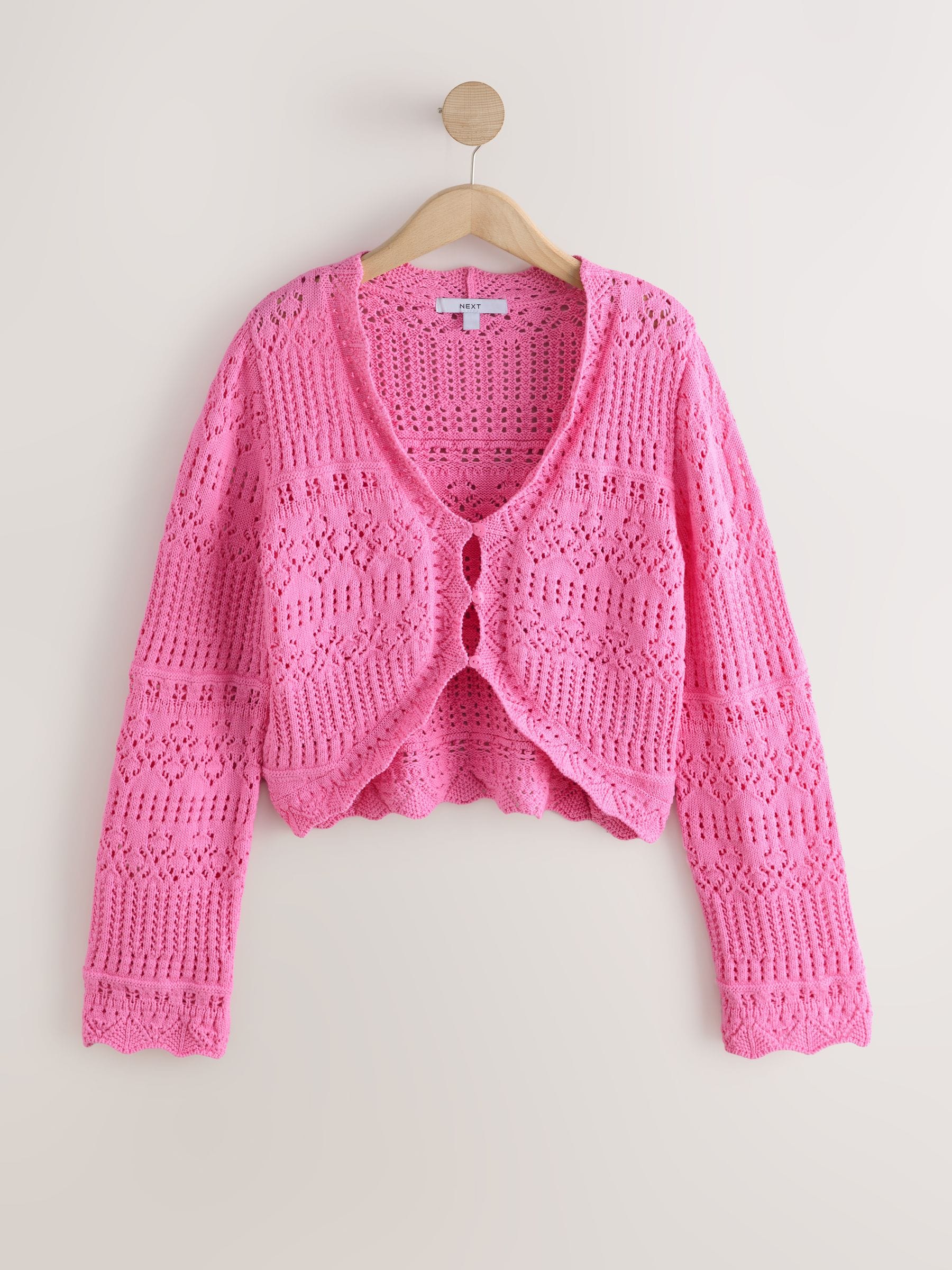 Buy Fluro Pink Cropped Wide Sleeve Pointelle 100% Cotton Cardigan