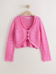 Fluro Pink Long Wide Sleeve Pointelle Button Through Cotton Cardigan - Image 6 of 8