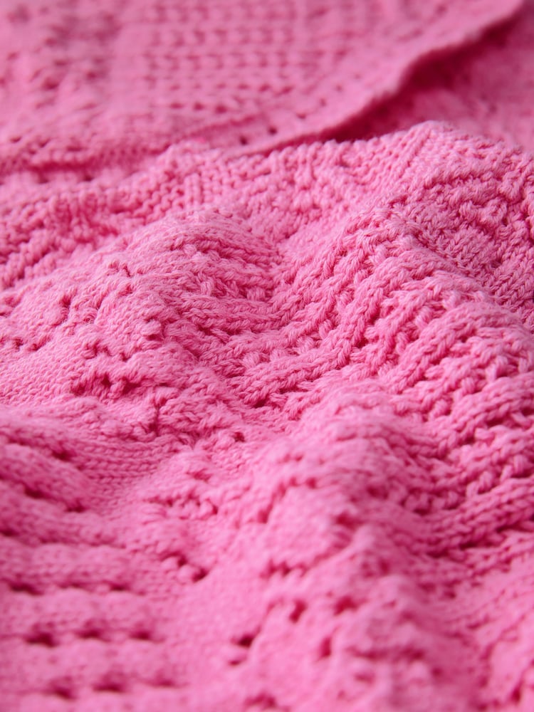 Fluro Pink Long Wide Sleeve Pointelle Button Through Cotton Cardigan - Image 8 of 8