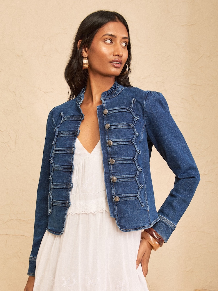 Love & Roses Mid Blue Denim Military Jacket - Image 1 of 5