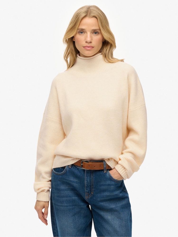 Superdry Cream Slouchy Mock Neck Jumper - Image 1 of 6 Superdry Cream Slouchy Mock Neck Jumper - Image 1 of 6