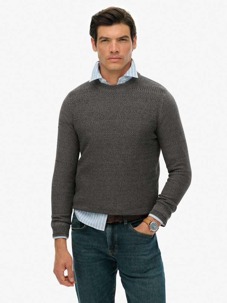 Superdry Black Light Weight Cotton Texture Jumper - Image 1 of 6 Superdry Black Light Weight Cotton Texture Jumper - Image 1 of 6