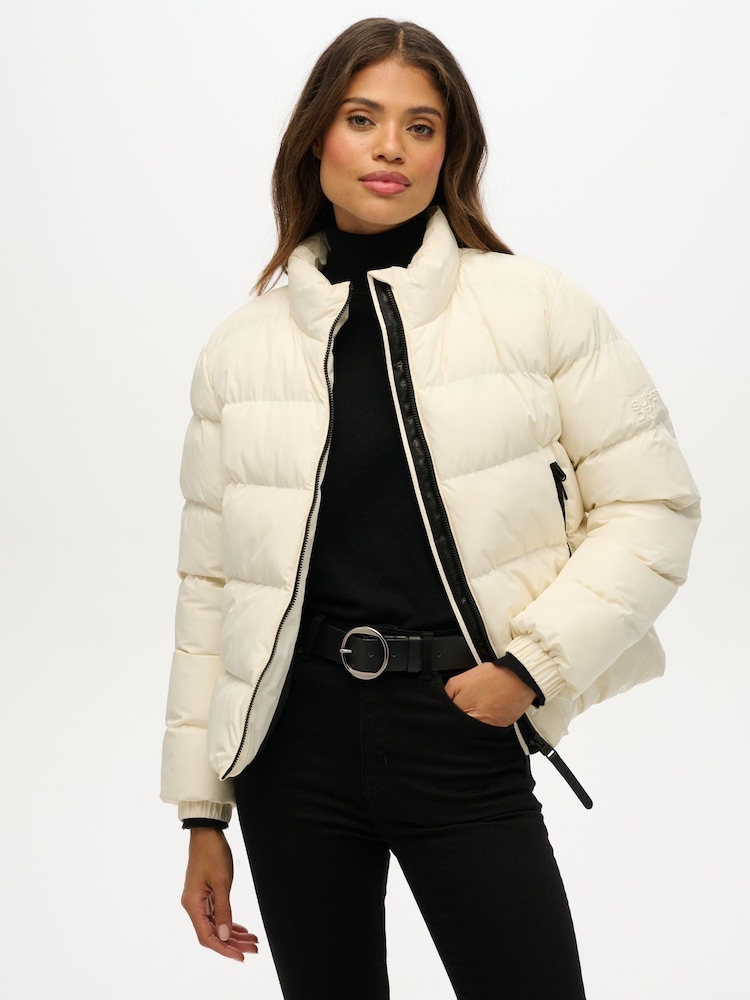Superdry White Non Hooded Sports Puffer Jacket - Image 1 of 7 Superdry White Non Hooded Sports Puffer Jacket - Image 1 of 7
