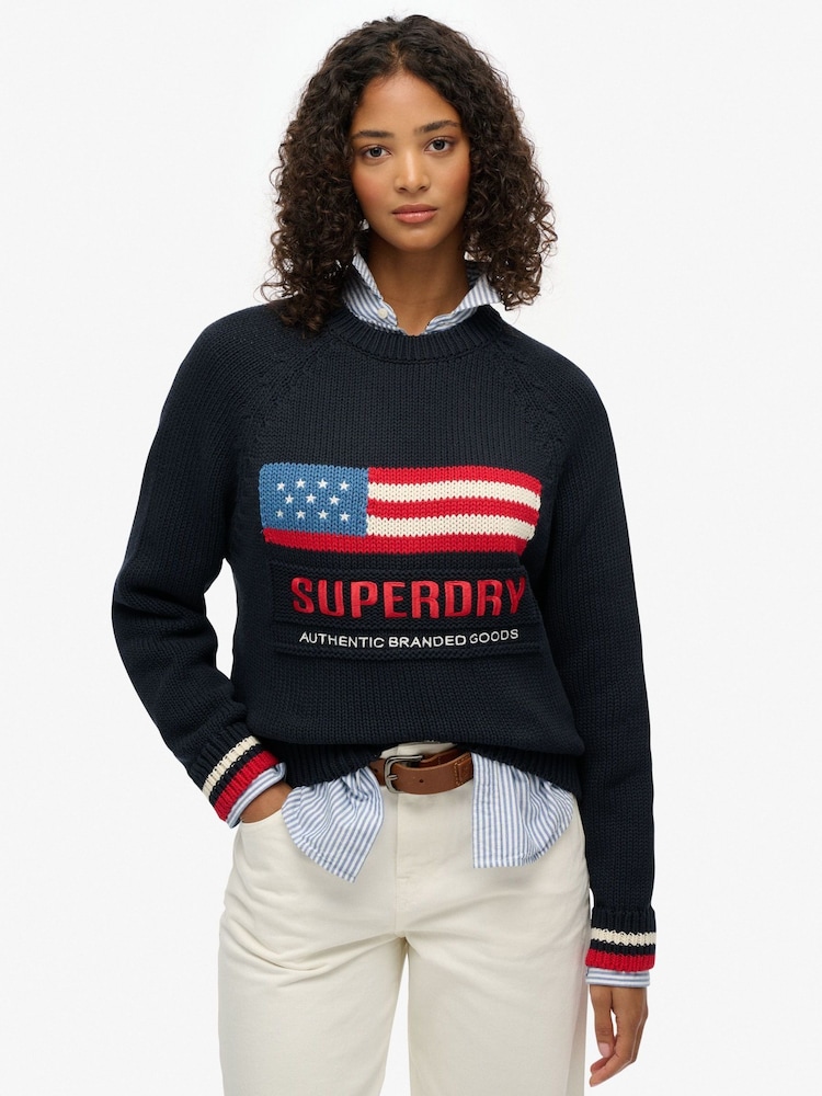 Superdry Blue Americana Crew Knit Jumper - Image 1 of 5