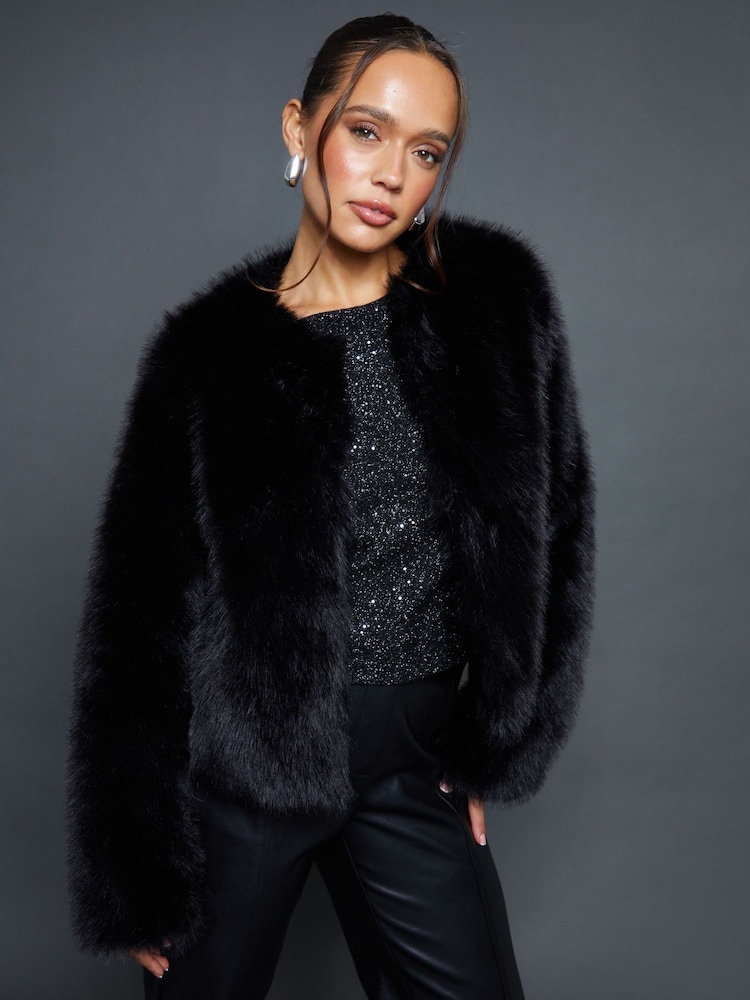 Threadbare Black Collarless Faux Fur Coat - Image 1 of 6 Threadbare Black Collarless Faux Fur Coat - Image 1 of 6