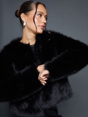 Threadbare Black Collarless Faux Fur Coat - Image 2 of 6