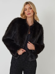 Threadbare Black Collarless Faux Fur Coat - Image 4 of 6