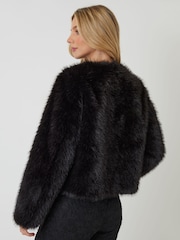 Threadbare Black Collarless Faux Fur Coat - Image 5 of 6