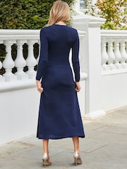 Sosandar Blue Knitted Button Detail Fit & Flare Midaxi Dress - Image 4 of 5