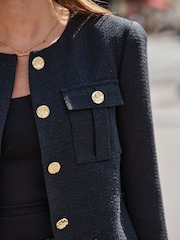 Sosandar Black Boucle Collarless Jacket With Gold Button Detail - Image 4 of 5