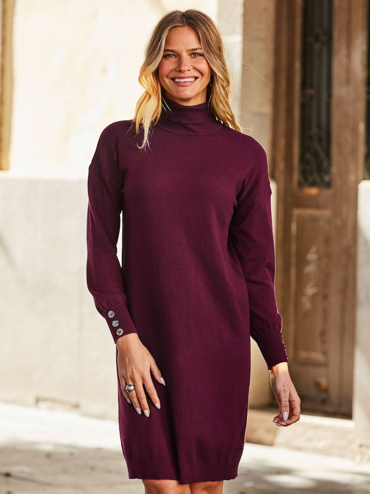 Sosandar Purple Roll Neck Button Cuff Knitted Dress - Image 2 of 5 Sosandar Purple Roll Neck Button Cuff Knitted Dress - Image 2 of 5