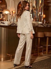 Sosandar Natural Sequin Wide Leg Trousers - Image 3 of 6