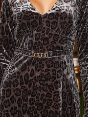 Sosandar Brown Leopard Print Velvet Gold Trim Belted Fit & Flare Dress - Image 4 of 4
