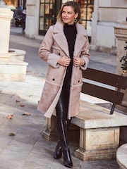Sosandar Natural Faux Suede & Shearling Double Breasted Coat - Image 2 of 5
