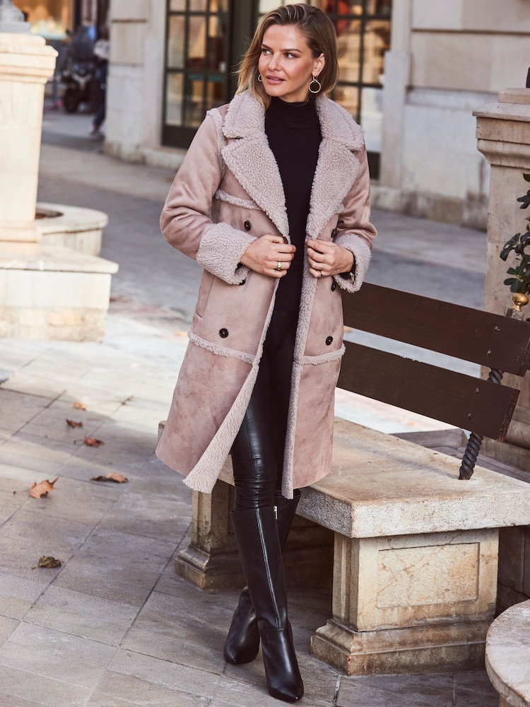 Sosandar Natural Faux Suede & Shearling Double Breasted Coat - Image 2 of 5