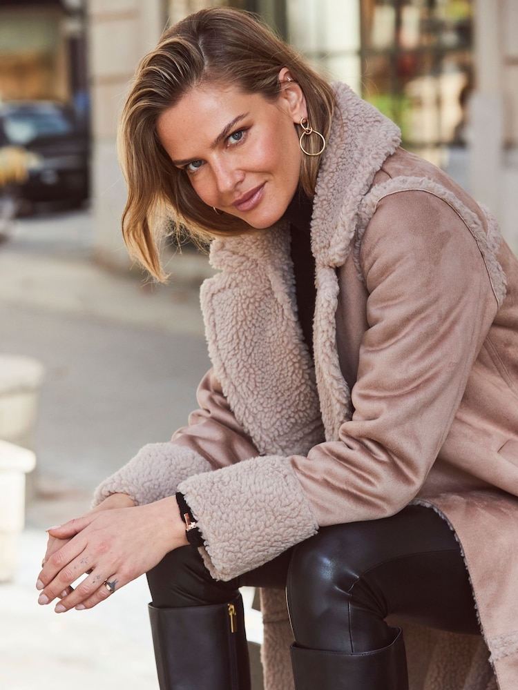 Sosandar Natural Faux Suede & Shearling Double Breasted Coat - Image 5 of 5
