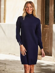 Sosandar Blue Roll Neck Button Cuff Knitted Dress - Image 4 of 5