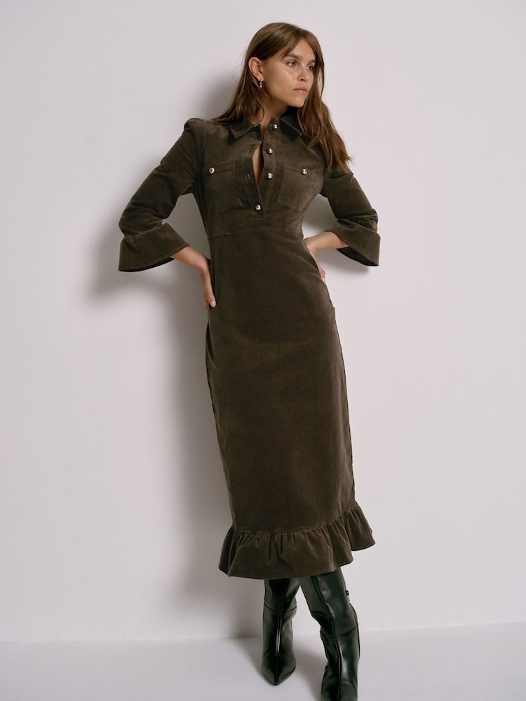 Mint Velvet Green Corduroy Midi Dress - Image 1 of 8 Mint Velvet Green Corduroy Midi Dress - Image 1 of 8