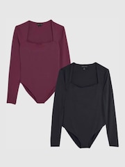 River Island Black Long Sleeve Square Neck Nylon Bodies 2 Pack - Image 1 of 5