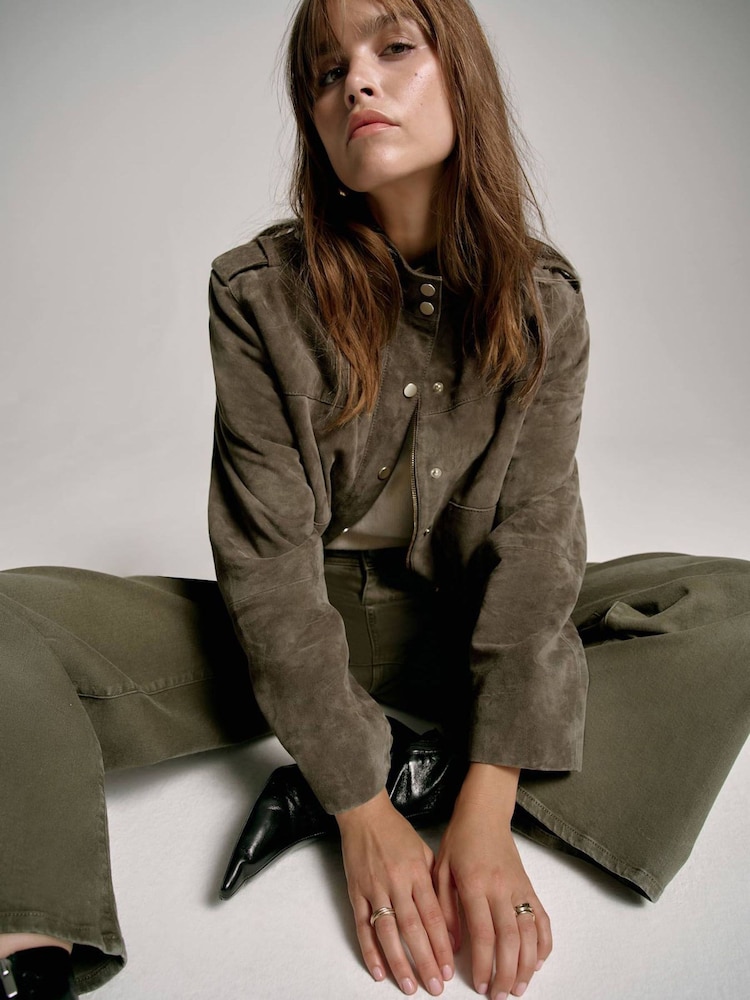 Mint Velvet Green Khaki Suede Bomber Jacket - Image 1 of 8