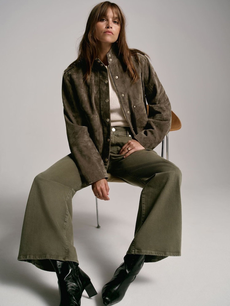 Mint Velvet Green Khaki Suede Bomber Jacket - Image 2 of 8 Mint Velvet Green Khaki Suede Bomber Jacket - Image 2 of 8