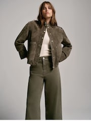 Mint Velvet Green Khaki Suede Bomber Jacket - Image 3 of 8