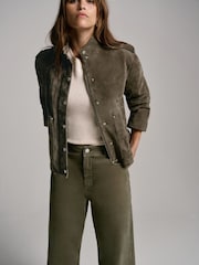 Mint Velvet Green Khaki Suede Bomber Jacket - Image 6 of 8