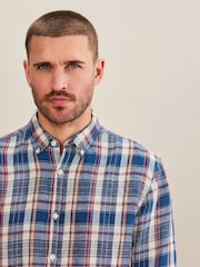 Blue 100% Linen Check Long Sleeve Shirt - Image 1 of 9
