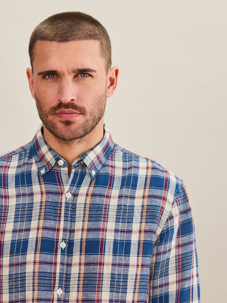 Blue 100% Linen Check Long Sleeve Shirt - Image 1 of 9