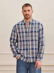 Blue 100% Linen Check Long Sleeve Shirt - Image 2 of 9