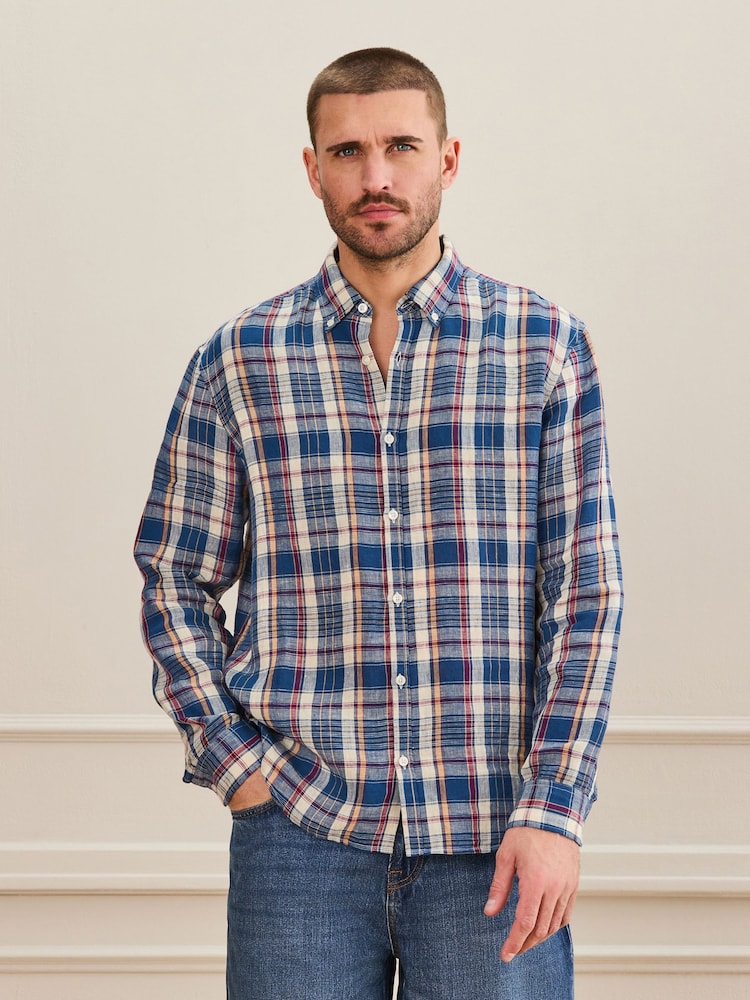 Blue 100% Linen Check Long Sleeve Shirt - Image 2 of 9