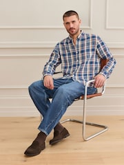 Blue 100% Linen Check Long Sleeve Shirt - Image 3 of 9