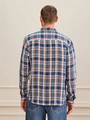 Blue 100% Linen Check Long Sleeve Shirt - Image 5 of 9